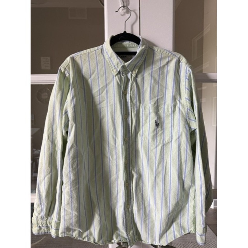 US Polo Assn Kids Large Green Blue Striped Long Sleeve Button Down Shirt Cotton - Picture 3 of 5